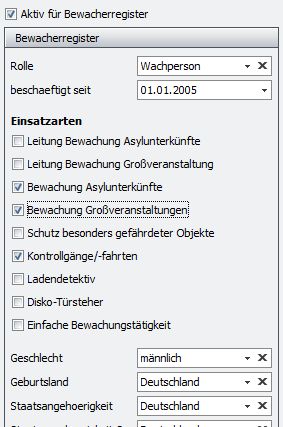 Aktiv für Bewacherregister - Einsatzarten in der Auswahl