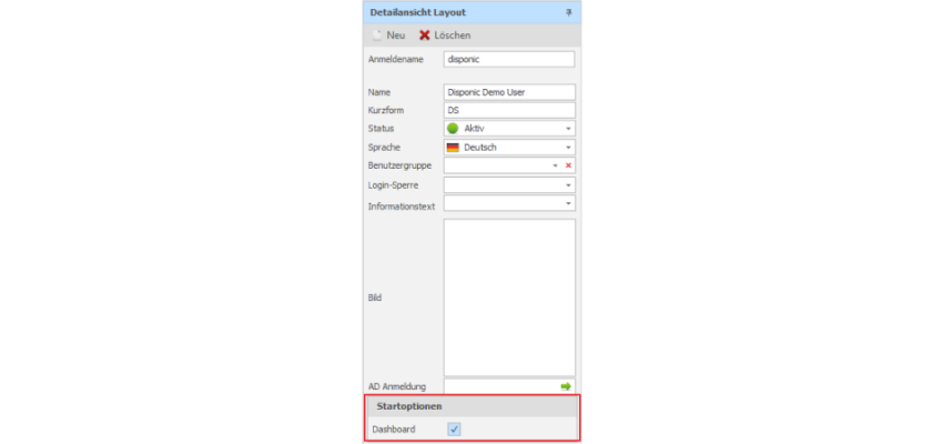 Startoptionen - Dashboard in DISPONIC Startoptionen - Dashboard in DISPONIC