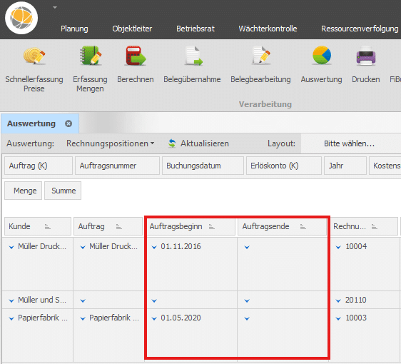 In der Faktur-Auswertungen sehen Sie ganz einfach den Auftragsbeginn und das Auftragsende