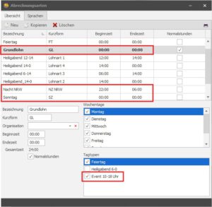 Im Anschluss verknüpfen Sie die Lohnabrechnungsarten mit den Tagtypen